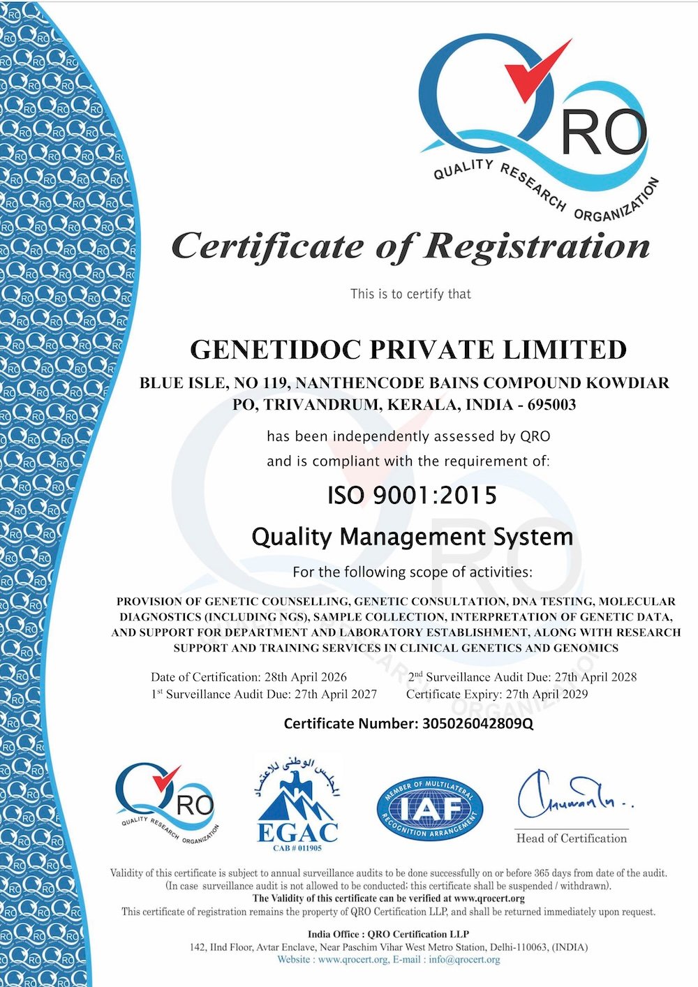 ISO Certificate Genetidoc Genetic Clinic and DNA Testing Lab ISO Certificate Genetidoc Genetic Clinic and DNA Testing Lab