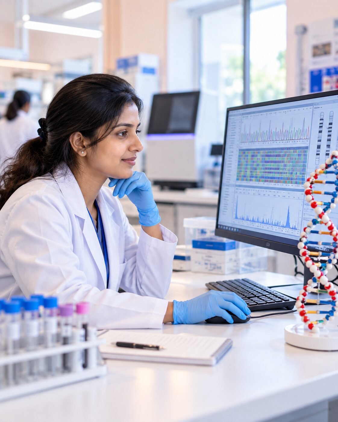 A Genetidoc scientist analysing DNA sequencing data in a genomics lab